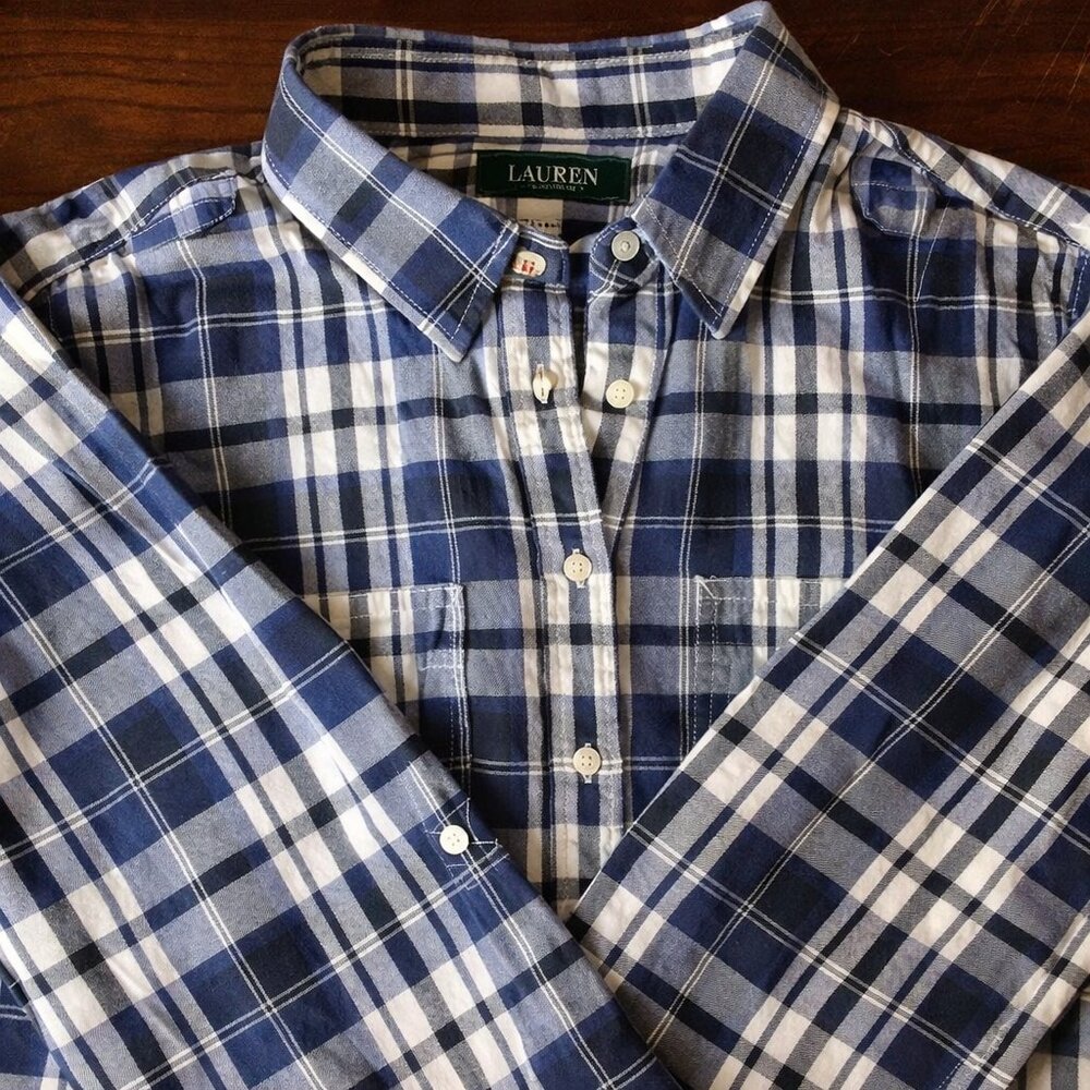 Ralph Lauren Plaid Button Down Shirt Women's 1X Blue Cotton Plus Size Tab Sleeve